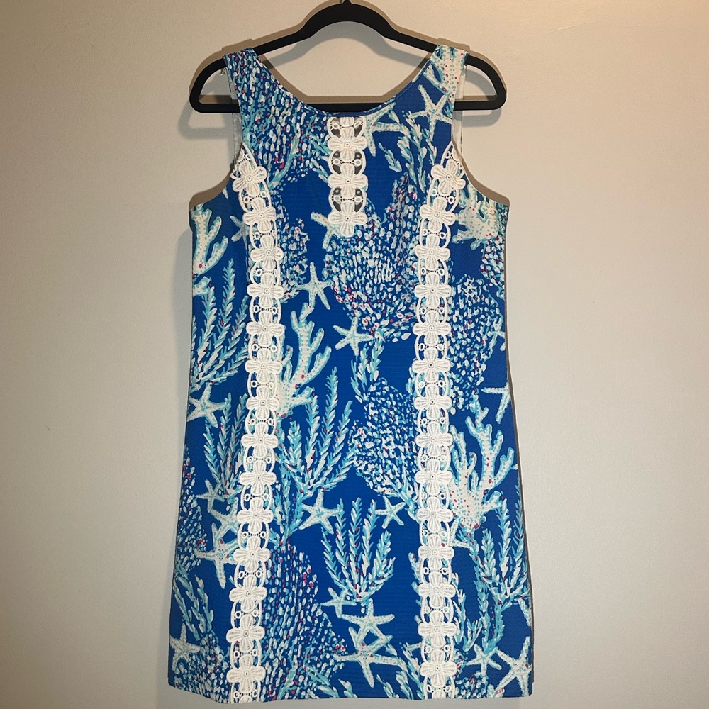 Lilly Pulitzer Royal Blue Coral & Starfish Shift Dress with White Lace